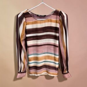 Zara Striped Long-Sleeve Blouse in Pink, Brown & Cream